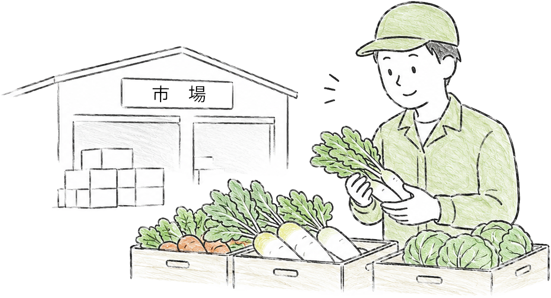 市場で仕入れをするスタッフ